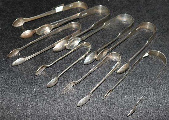 7 assorted sugar tongs, Hester Bateman and 1 plated tongs